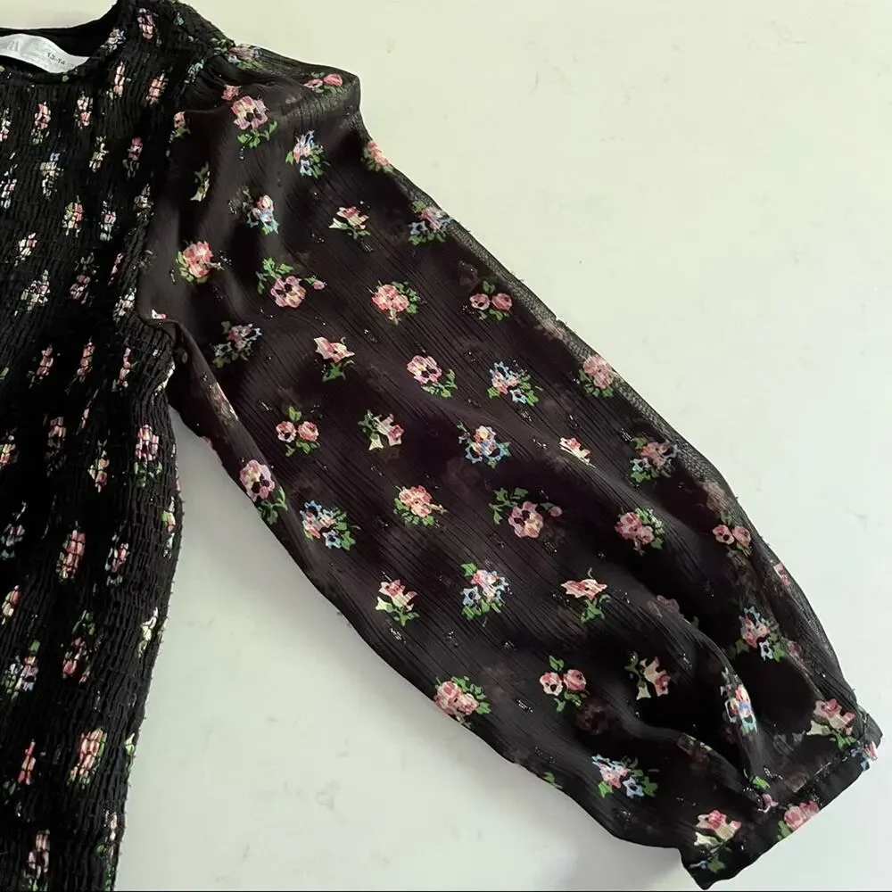 Zara Girls Smocked Black Floral Tulle Dress - Size 11/12